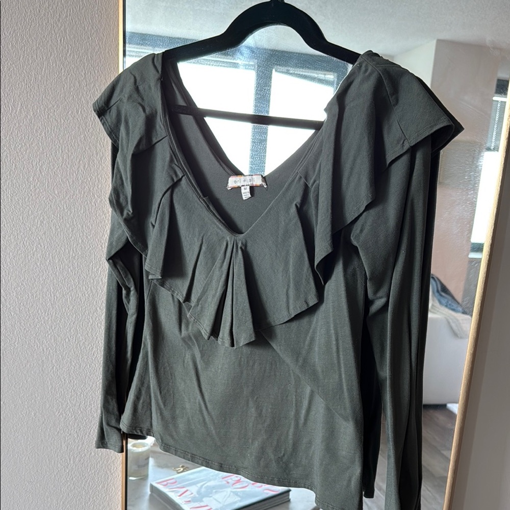 Chic Ruffled V-Neck Top - Olive Green